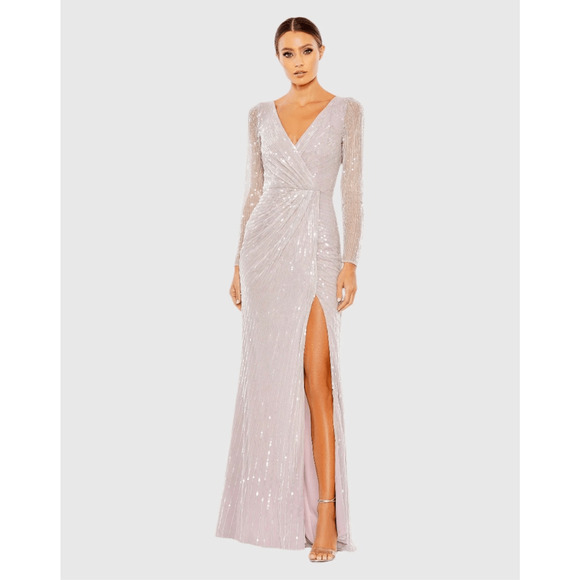 Mac Duggal NWT Sequined Faux Wrap Long Sleeve Gown in Lavender Size 14 - Picture 1 of 8